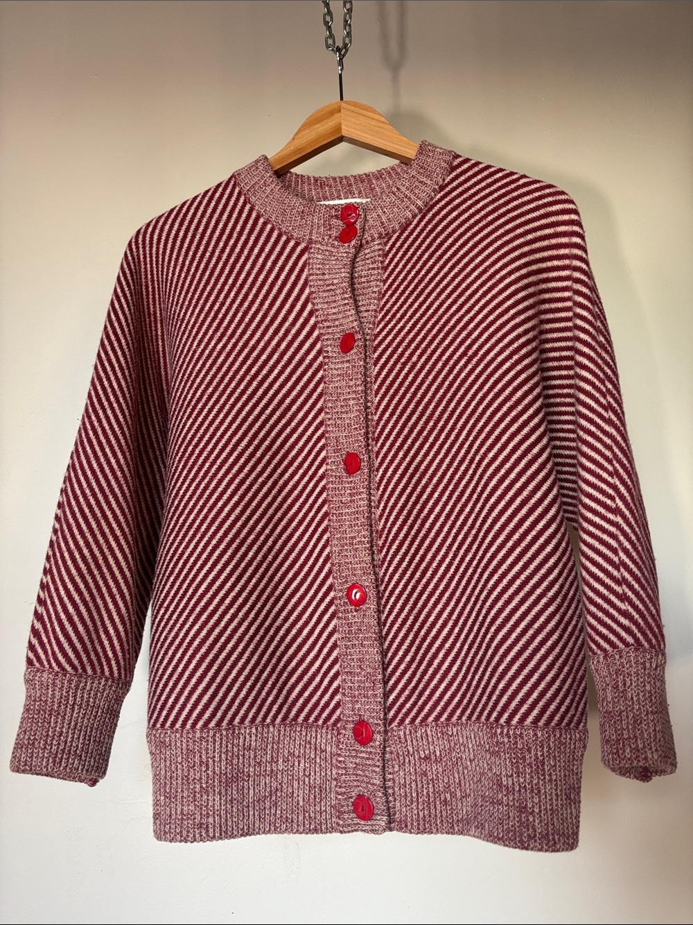 Vintage Red and Cream Striped Crewneck Cardigan Dolman Sleeve Size Medium